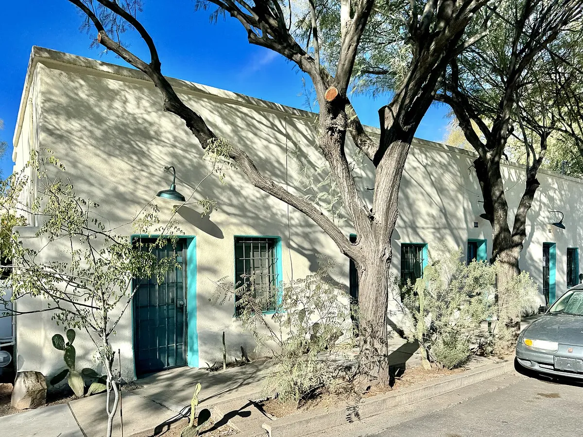 Plastered adobe row houses on Meyer Avenue in Barrio Viejo, Tucson